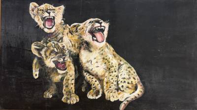 "CIRCUS CIRCUS" OIL ON BOARD "3 LEOPARD CUBS" (90X155)GRAHAM BROWN RCA & FOREST MCCREADIE  
