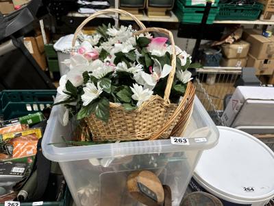 BOX OF ARTIFICIAL FLOWERS + BASKETS
