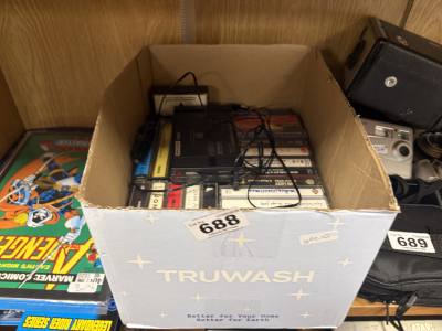 BOX OF CASSETTES + WALKMAN