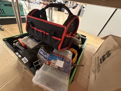 BOX OF TOOLS ETC