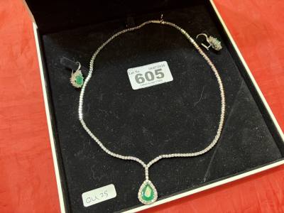 18CT DIAMOND + EMERALD TENNIS NECKLACE + EARRINGS