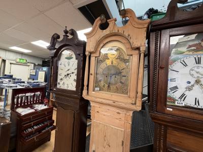ANTIQUE PINE GRANDFATHER CLOCK J.N TATE BRASS FACE