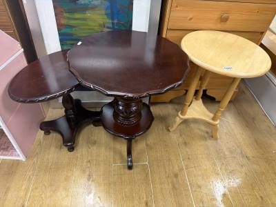 BEECH SIDE TABLE + 2 X MAHOGANY SIDE TABLES