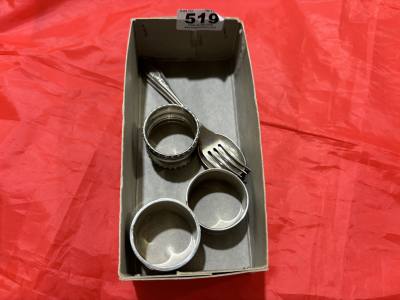3 SILVER NAPKIN RINGS + SILVER FORK + SPOON