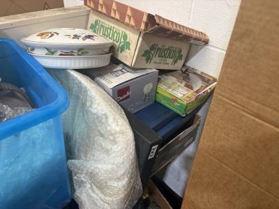 2 X BOXES OF GLASSES, CLOCK + PLATES