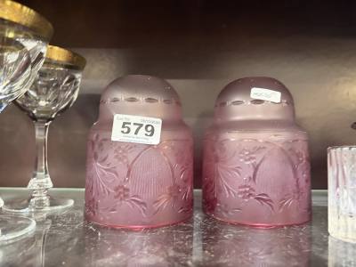 PAIR OF ETCHED GLASS ANTIQUE SHADES