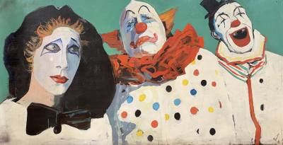 "CIRCUS CIRCUS" OIL ON BOARD "3 CLOWNS" (122X244) GRAHAM BROWN RCA & FOREST MCCREADIE 