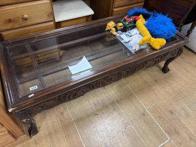CARVED OAK GLASS TOP COFFEE TABLE