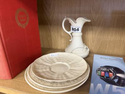 1ST PERIOD BELLEEK PLATE, OTHER + 3RD JUG (REP)