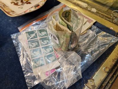 LOT OF COINS, NOTES + STAMPS