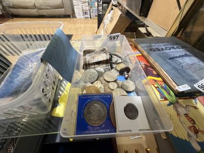 BOX OF COINS + CURIOS