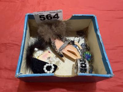 BOX OF SILVER + DRESS BROOCHES