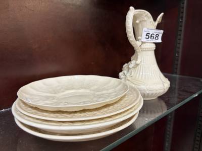 1ST PERIOD BELLEEK PLATE, OTHER + 3RD JUG (REP)