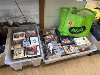 2 X BOXES + BAG OF ELVIS CD'S, VHS + DVD'S