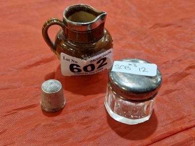 SILVER RIM JUG + POT + THIMBLE