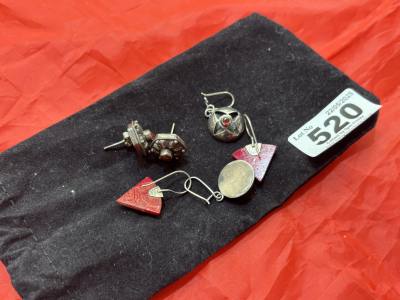 3 PAIRS OF SILVER + CORAL EARRINGS
