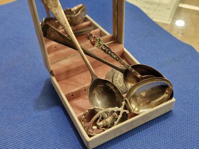 SILVER SPOONS, RING + COINS (95 GRAMS)
