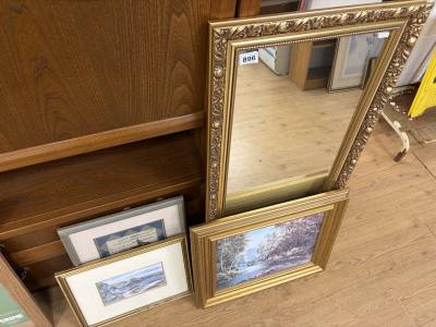 GILT FRAMED MIRROR + PICTURES