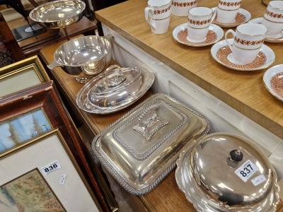 LOT OF SILVER PLATE TUREENS ETC.