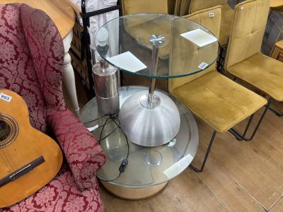 2 X GLASS TOP SIDE TABLES + TABLE LAMP