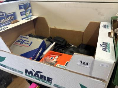 BOX OF CAMERAS + ACCESSORIES
