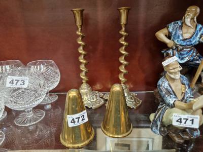 PAIR OF BRASS TWIST CANDLESTICKS + CONES