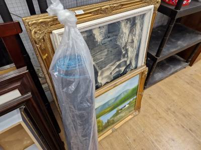 LOT OF PAINTINGS + 77CM RUG