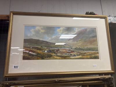 R.B.HIGGINS WATERCOLOUR "COWS GRAZING IN MORNES" (25X54)