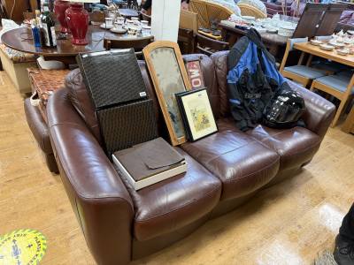 BROWN LEATHER 3 SEATER COUCH + STOOL