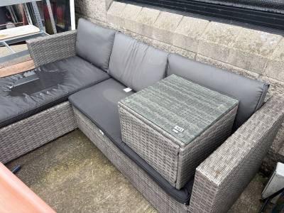 RATTAN CORNER COUCH + GLASS TOPPED SMALL TABLE