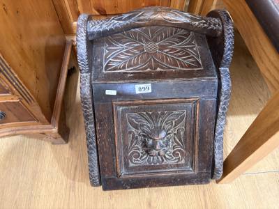 CARVED OAK COAL SCUTTLE