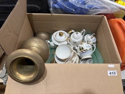 BOX LOT + BRASS VASE