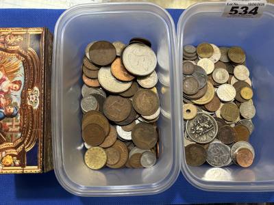 2 X BOXES OF COINS + ANTIQUE RETRO TUB