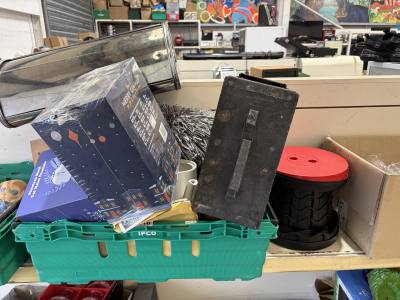 BOX LOT + AMMO BOX + WORK STOOL