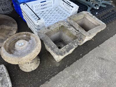 STONE BIRD BATH + 2 PLANTERS