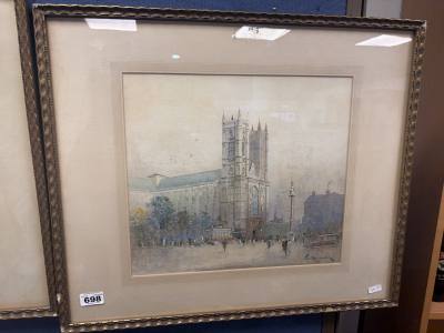 J.TIM MACDONALD WATERCOLOUR UNDER GLASS "WESTMINSTER ABBEY" (38X33)