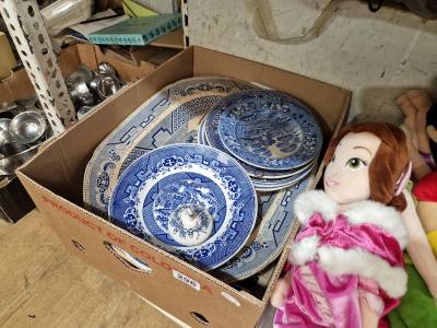 LOT OF BLUE + WHITE PLATTERS + PLATES