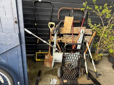 LOT OF TOOLS, TABLES + TROLLEYS + TOW BAR