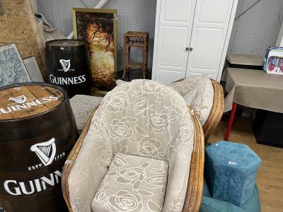 CANE CONSERVATORY COUCH, CHAIR + TABLES