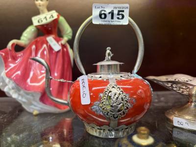 CHINESE SILVER + PORCELAIN TEAPOT