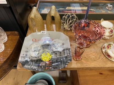 COMMEMORATIVE PLATE, GLASS VASE + PAPERWEIGHT
