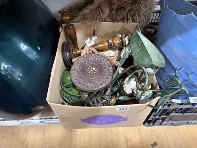 BOX OF BRASS + COLLECTABLES + RUG