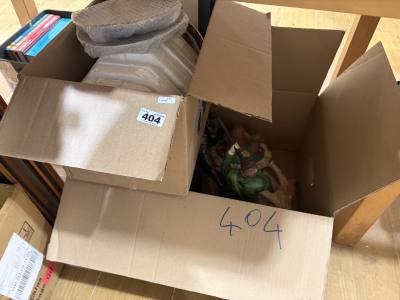 BOX OF ORNAMENTS + PICTURE PLATES ETC.