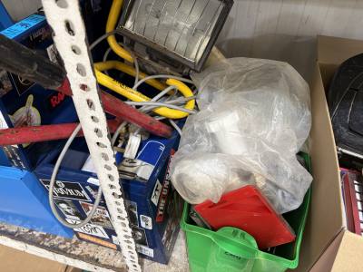 2 X BOXES OF TOOLS ETC + INDUSTRIAL LAMP