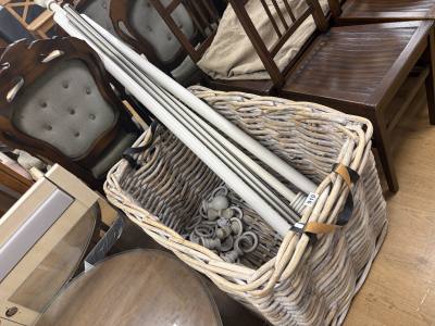 LAUNDRY BASKET + LOT OF CURTAIN POLES