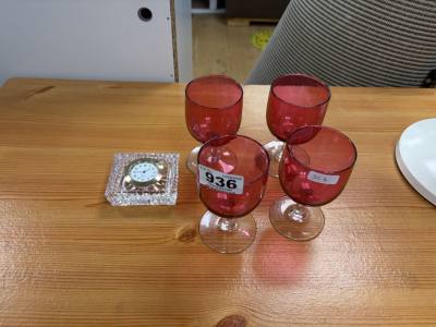 4 X RUBY GLASSES + WATERFORD CLOCK