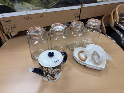 4 X KILNER JARS + TEA POT + OTHERS