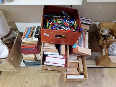 6 BOXES OF BOOKS + BOX OF PENS