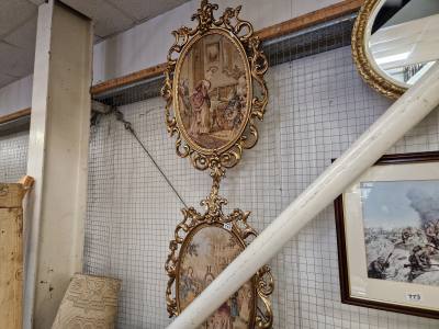 PAIR OF OVAL GILT TAPESTRY PICTURES