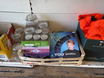 2 X BOXES OF JARS + CUTLERY ETC.